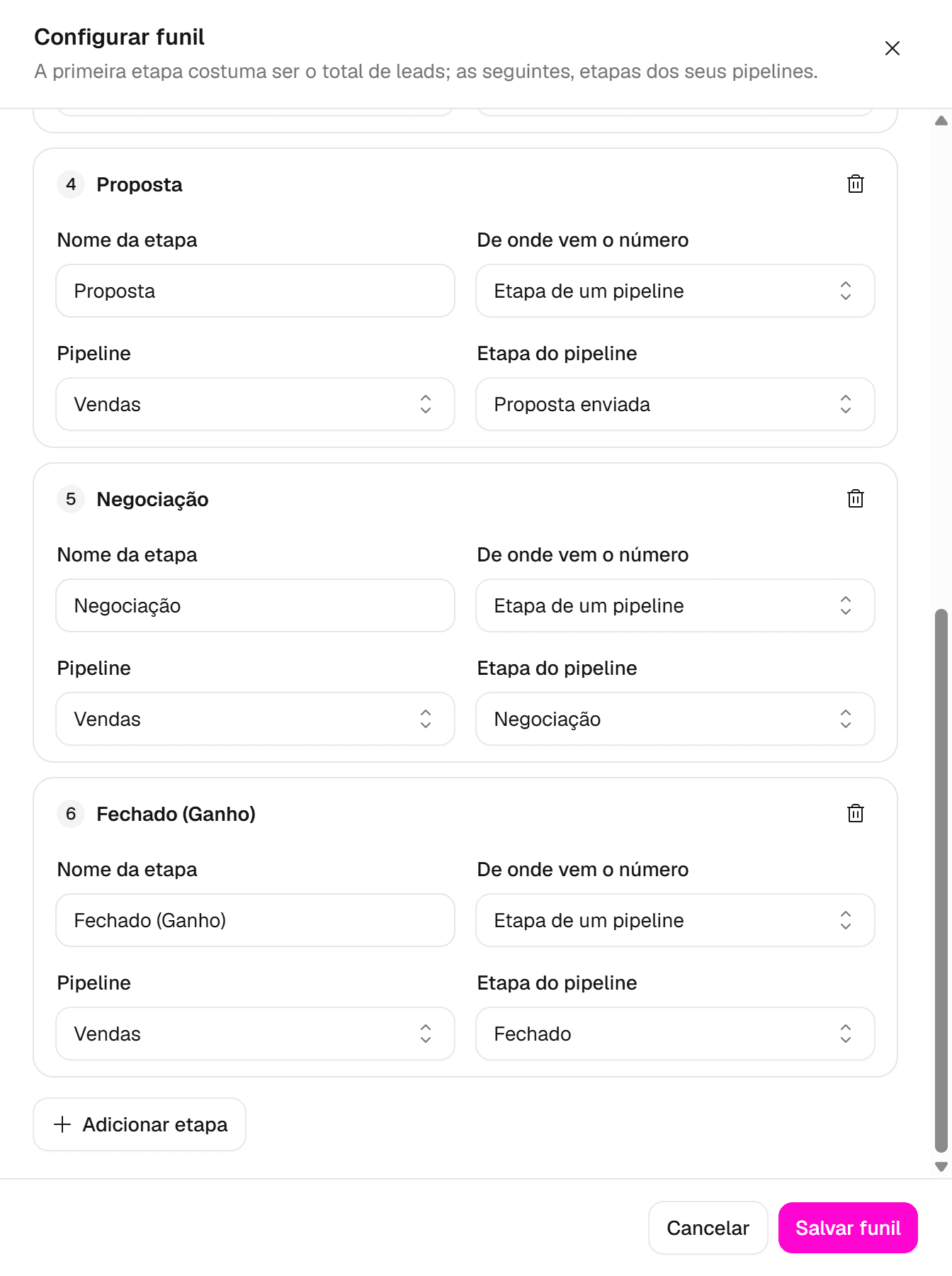 Painel de configuração do funil com o botão Salvar funil destacado.
