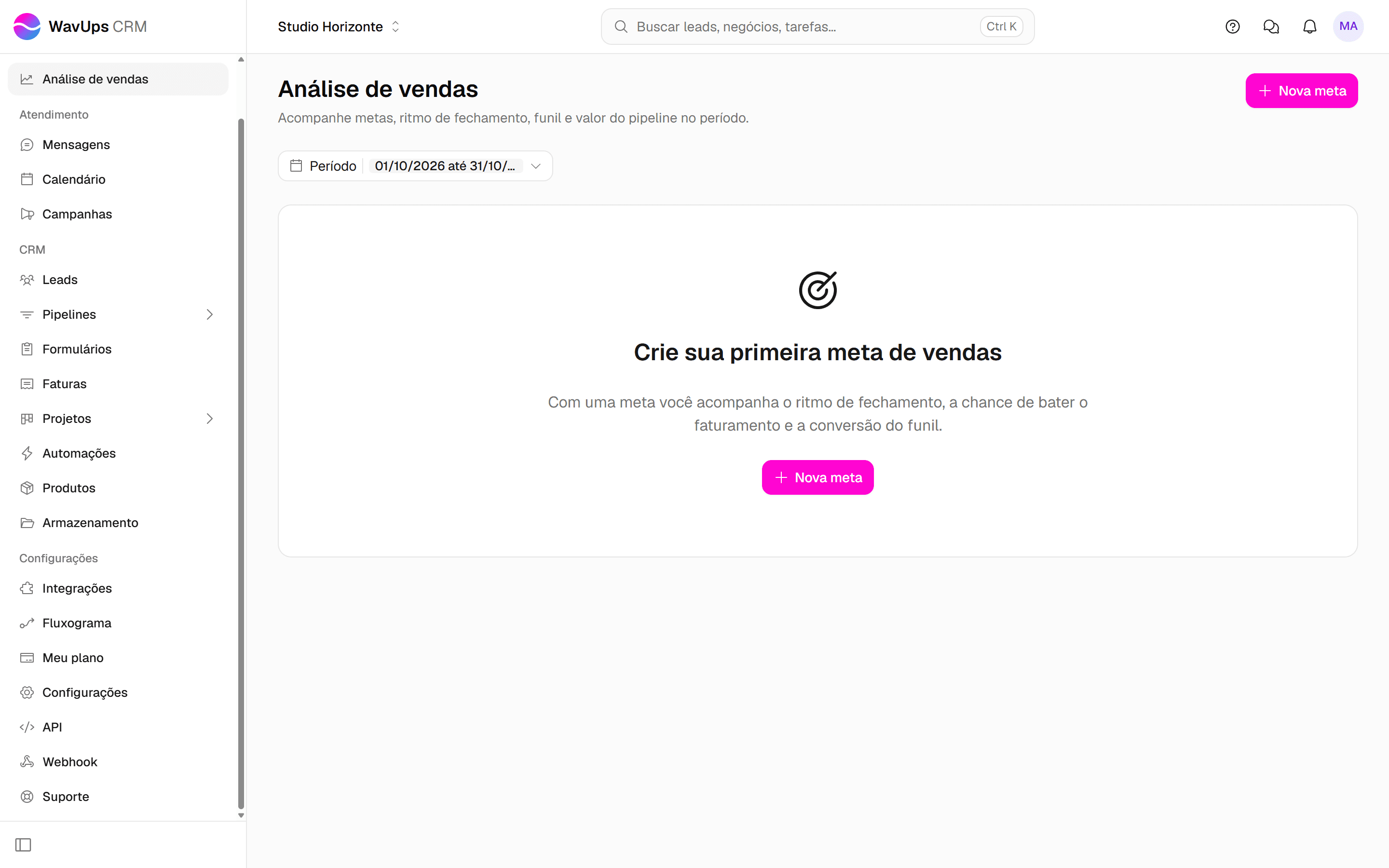 Tela Análise de vendas sem metas, com o botão Nova meta destacado no topo.