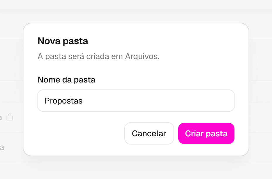 Diálogo Nova pasta com o nome da pasta preenchido e o botão Criar pasta destacado.