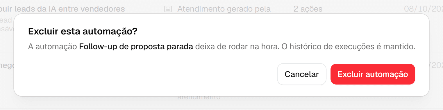 Confirmação Excluir esta automação? com os botões Cancelar e Excluir automação.