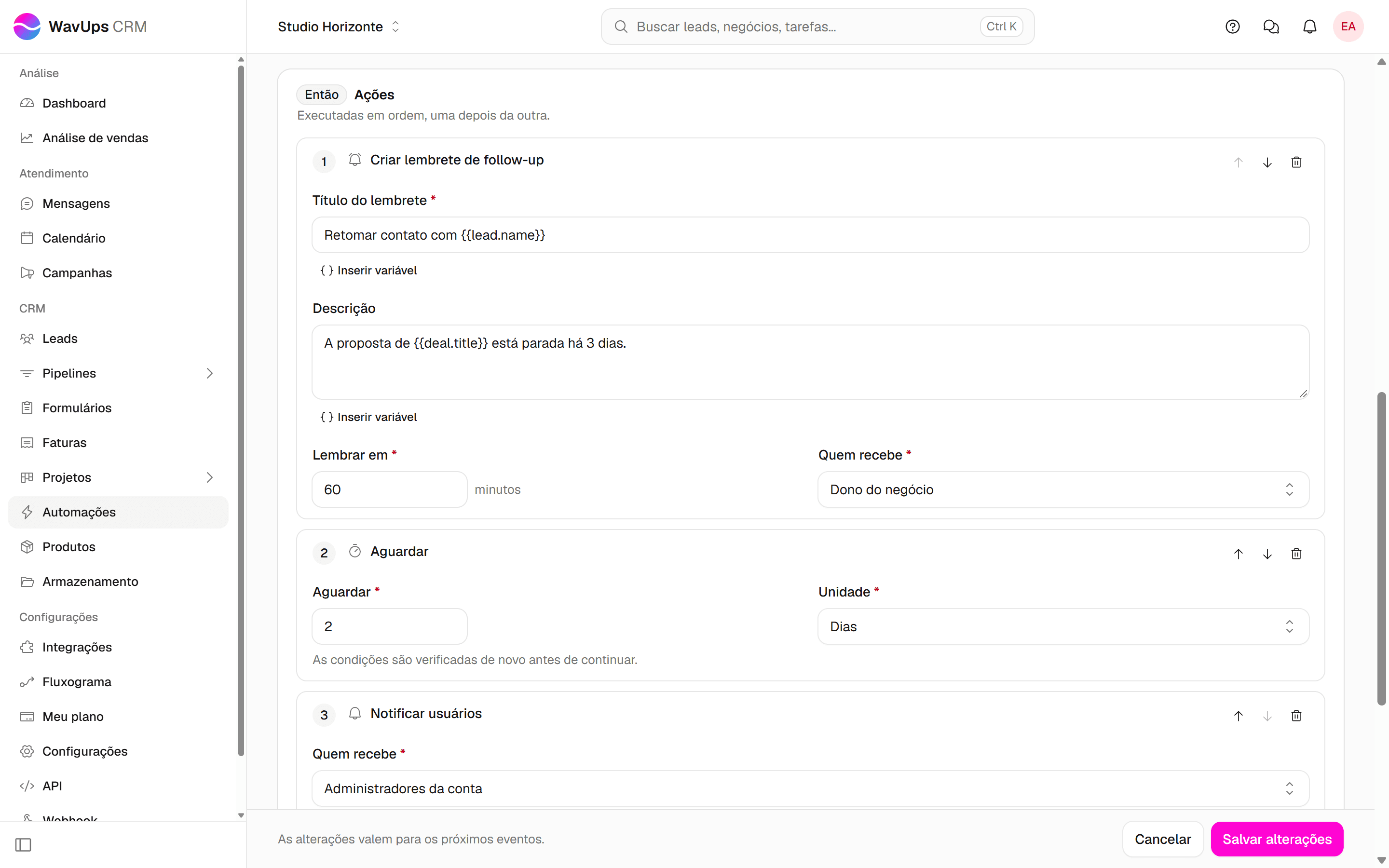 Ações Criar lembrete de follow-up (título Retomar contato com {{lead.name}}, 60 minutos, Dono do negócio) e Aguardar 2 dias.