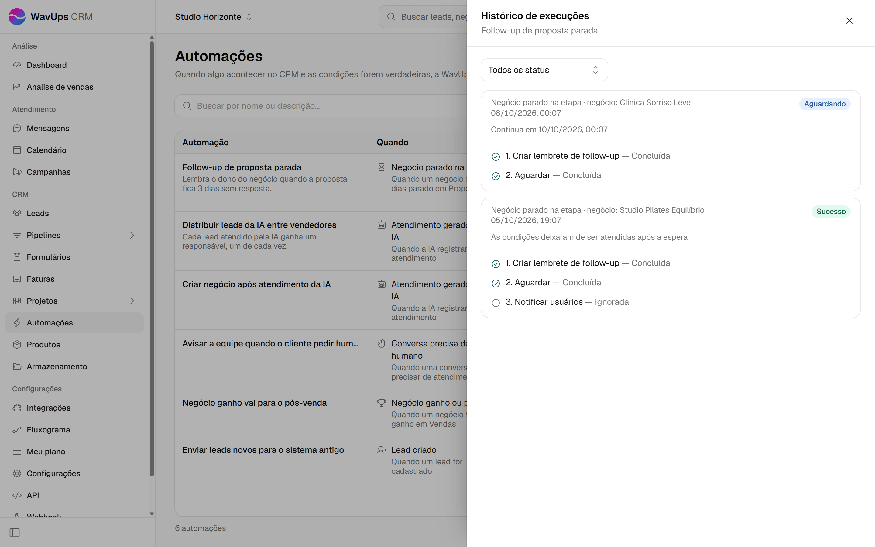Histórico da automação Follow-up de proposta parada com uma execução Aguardando (Continua em) e outra Sucesso com o motivo As condições deixaram de ser atendidas após a espera.