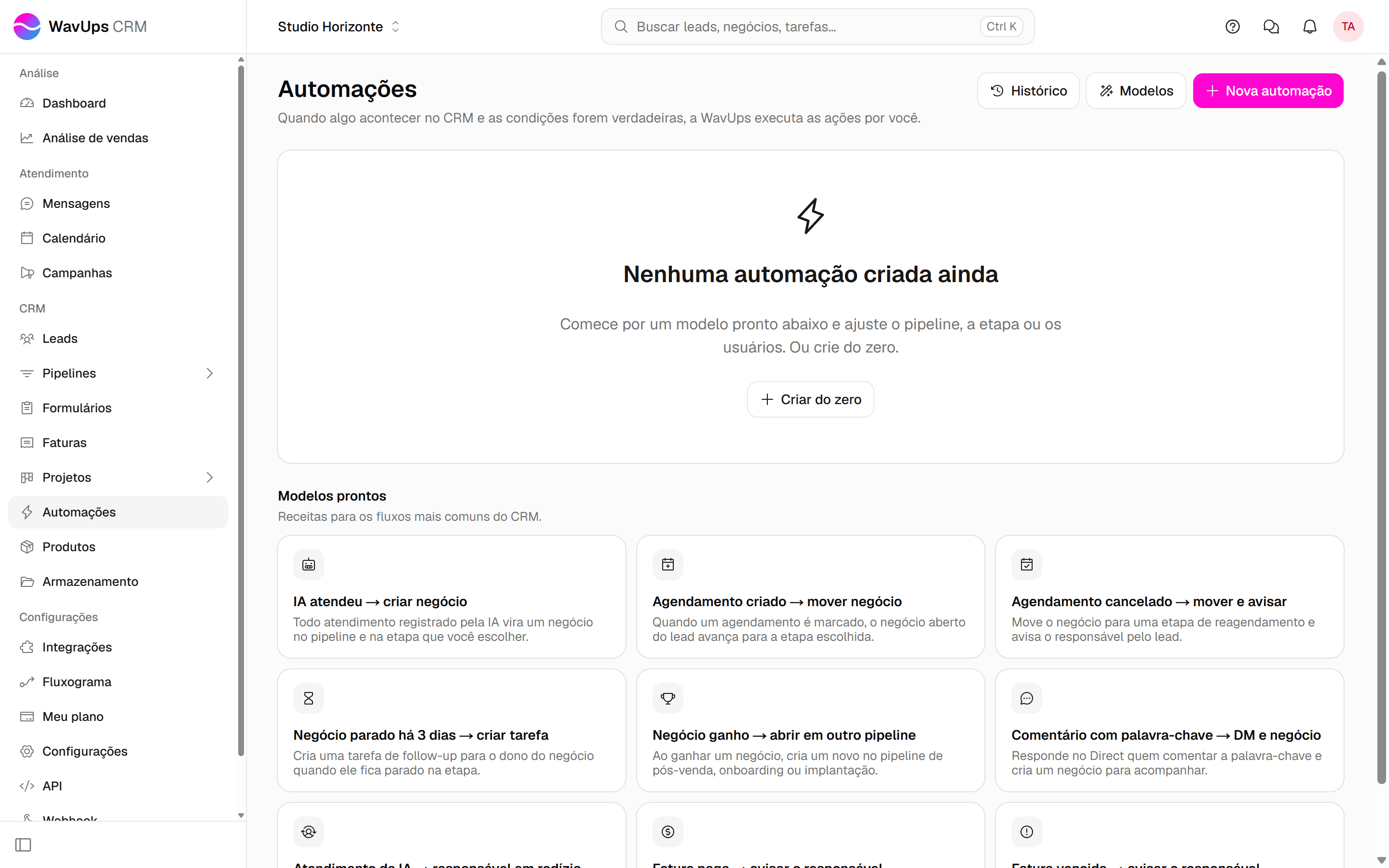 Tela Automações com o item Automações do menu lateral e o botão Nova automação destacados.
