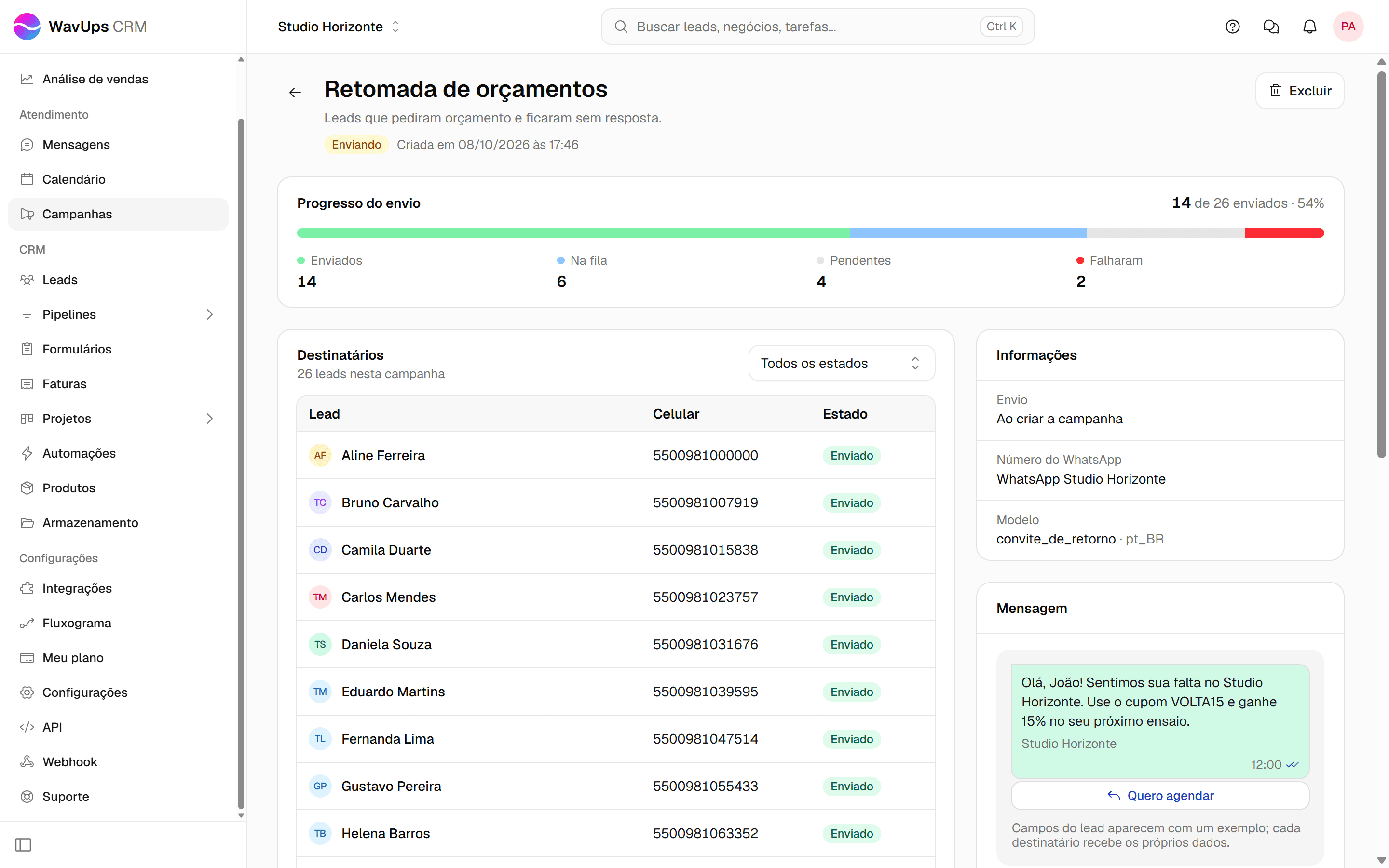 Detalhes de uma campanha em envio com o quadro Progresso do envio e as informações da campanha.