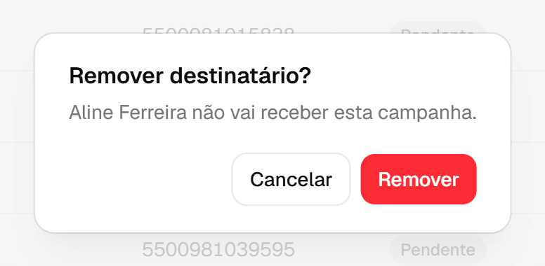 Confirmação Remover destinatário?, com o nome do lead, o botão Cancelar e o botão Remover.