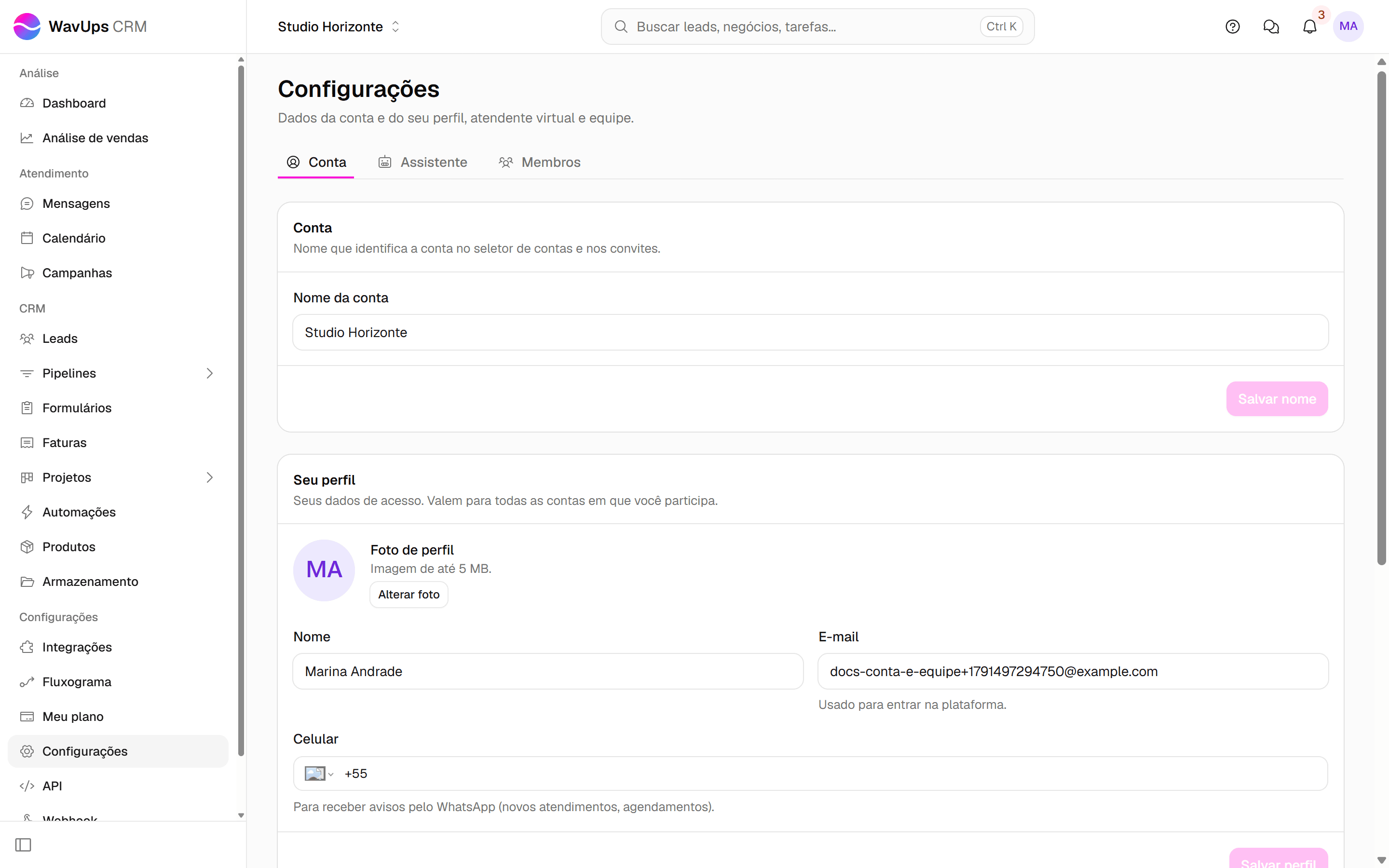 Configurações na aba Conta, com as seções Conta, Seu perfil e Senha.