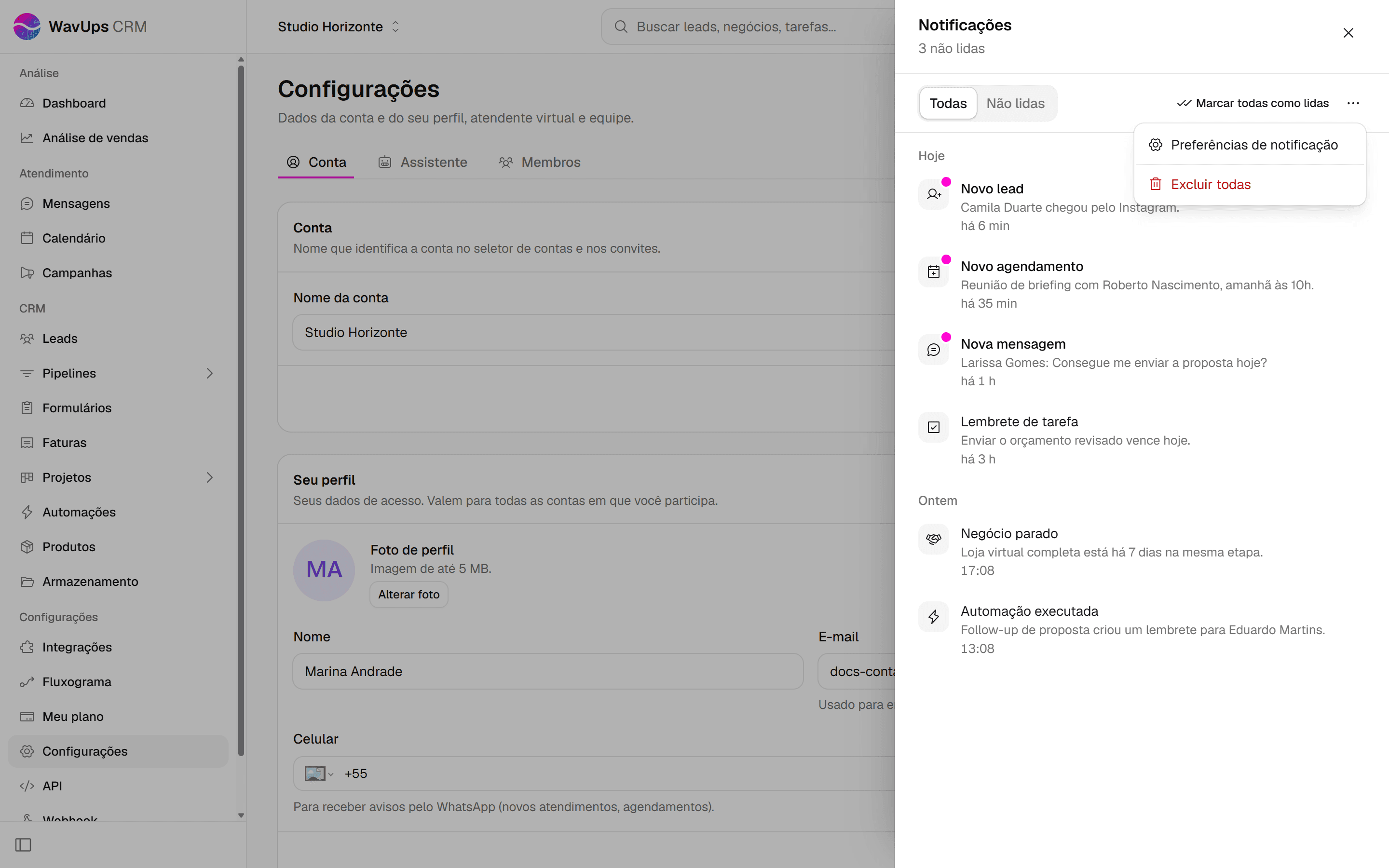 Menu Mais ações do painel de notificações com a opção Preferências de notificação.
