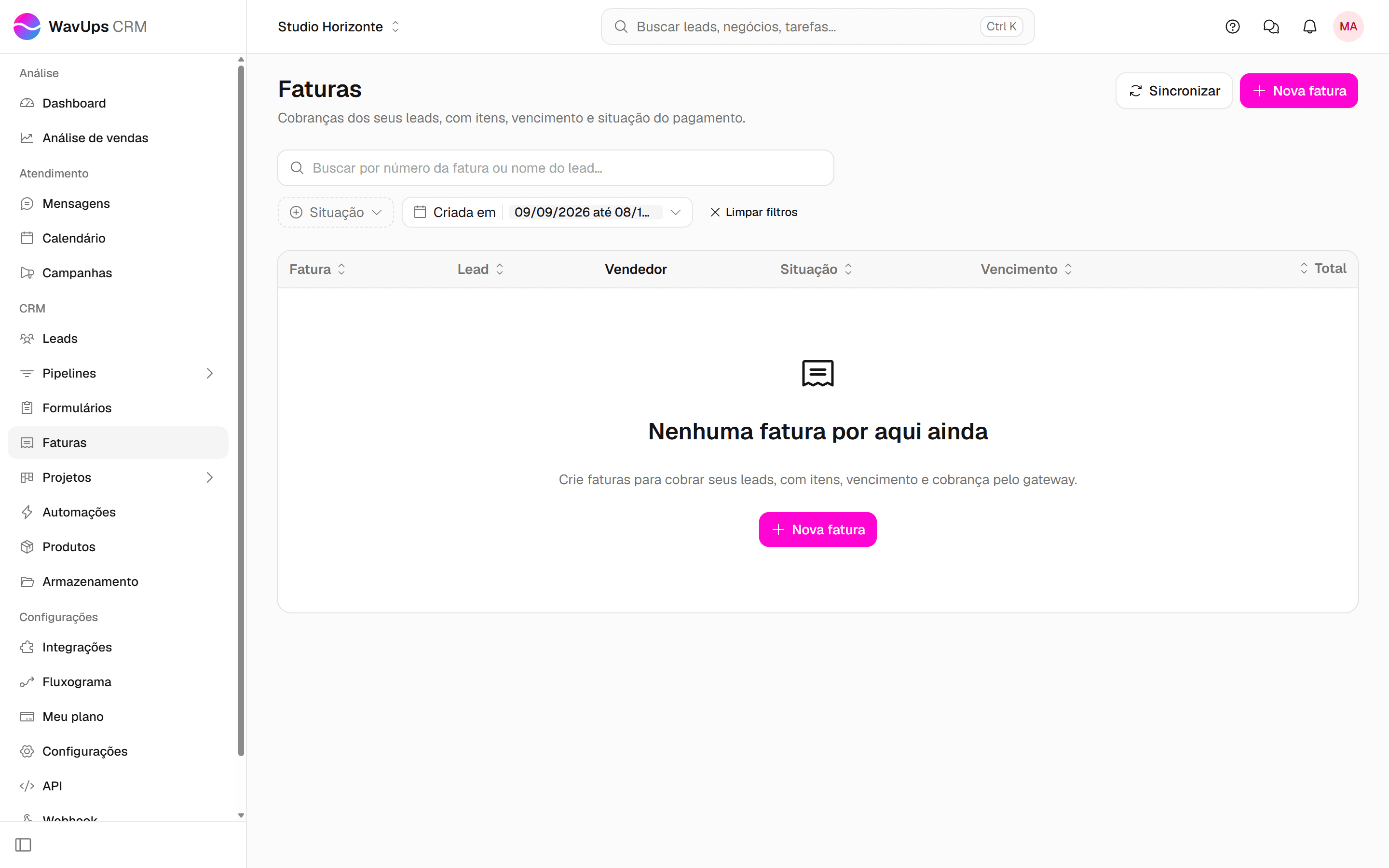 Tela Faturas com o botão Sincronizar ao lado de Nova fatura.