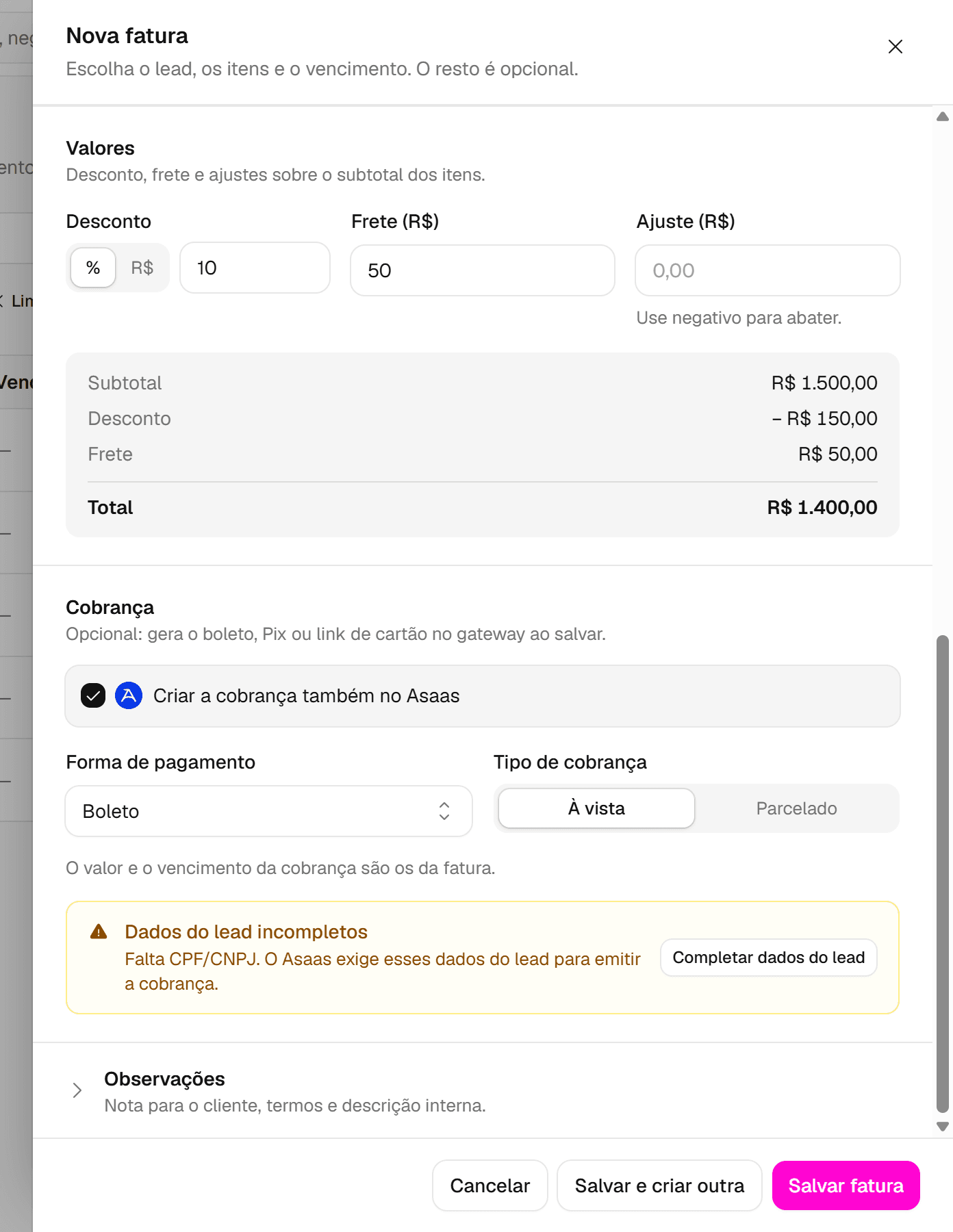 Seção Cobrança do painel Nova fatura com a opção Criar a cobrança também no Asaas.