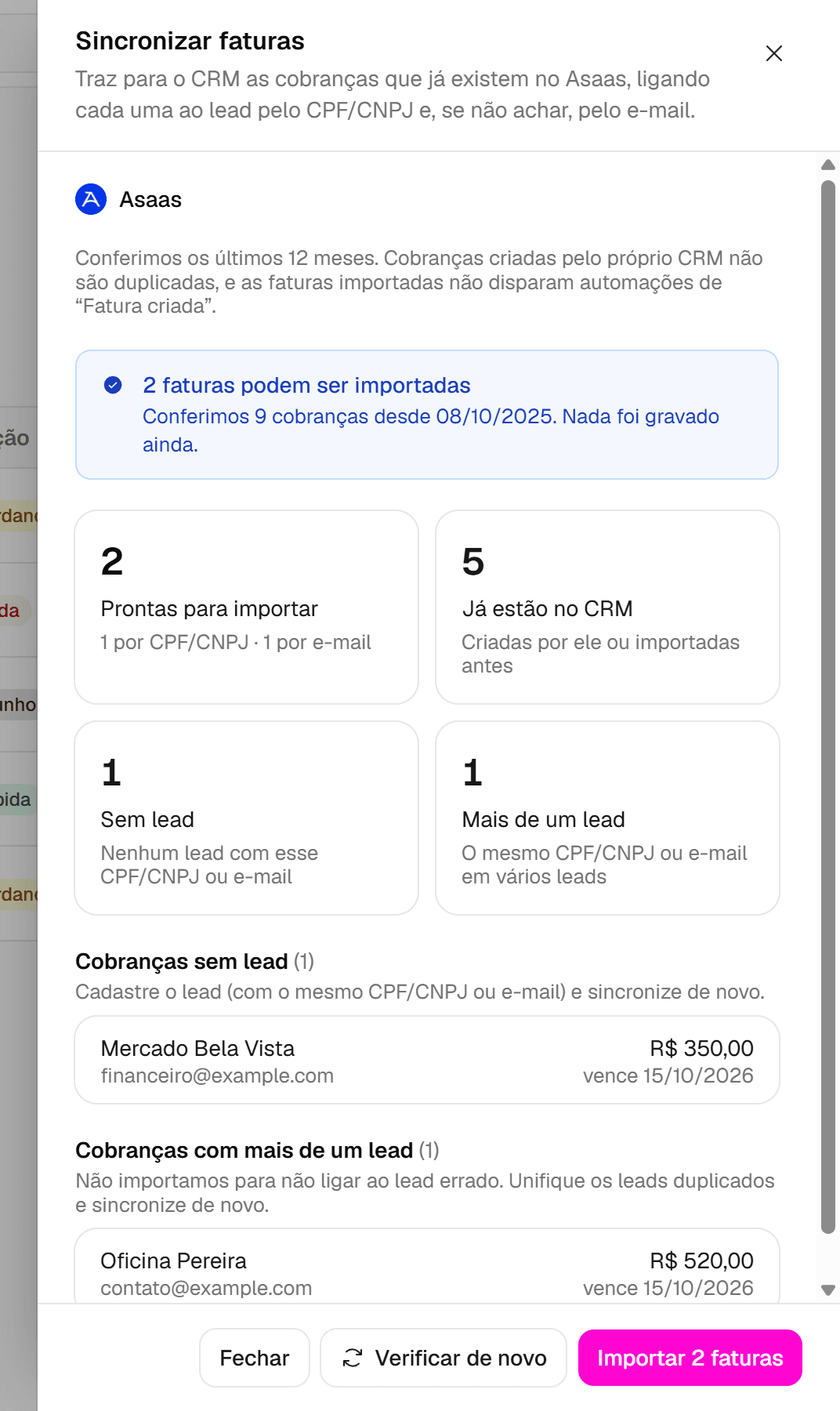 Resultado da prévia da sincronização com os contadores de faturas prontas, já no CRM, sem lead e com mais de um lead.