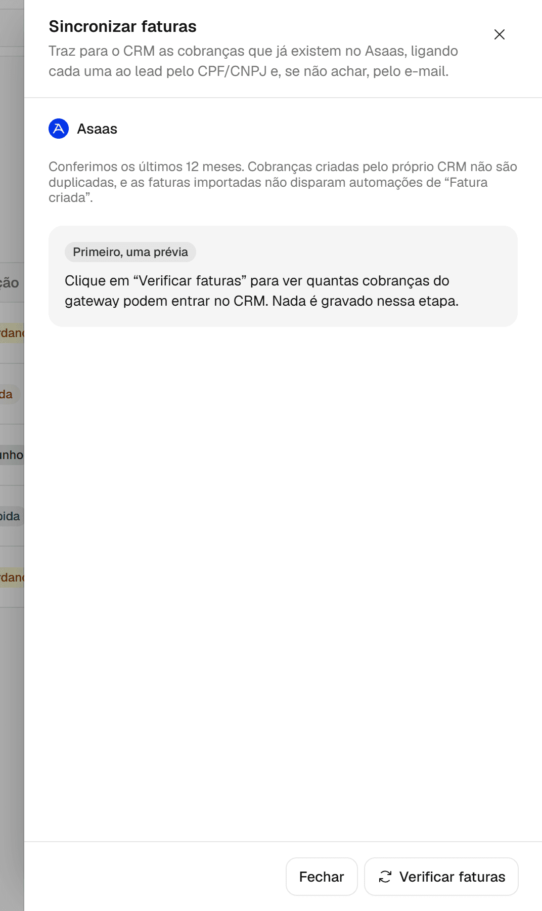 Painel Sincronizar faturas com o botão Verificar faturas.
