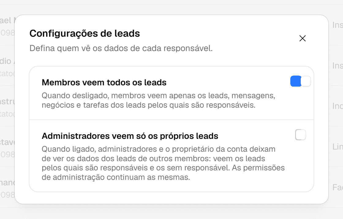 Janela Configurações de leads com as duas chaves de visibilidade, Membros veem todos os leads e Administradores veem só os próprios leads.