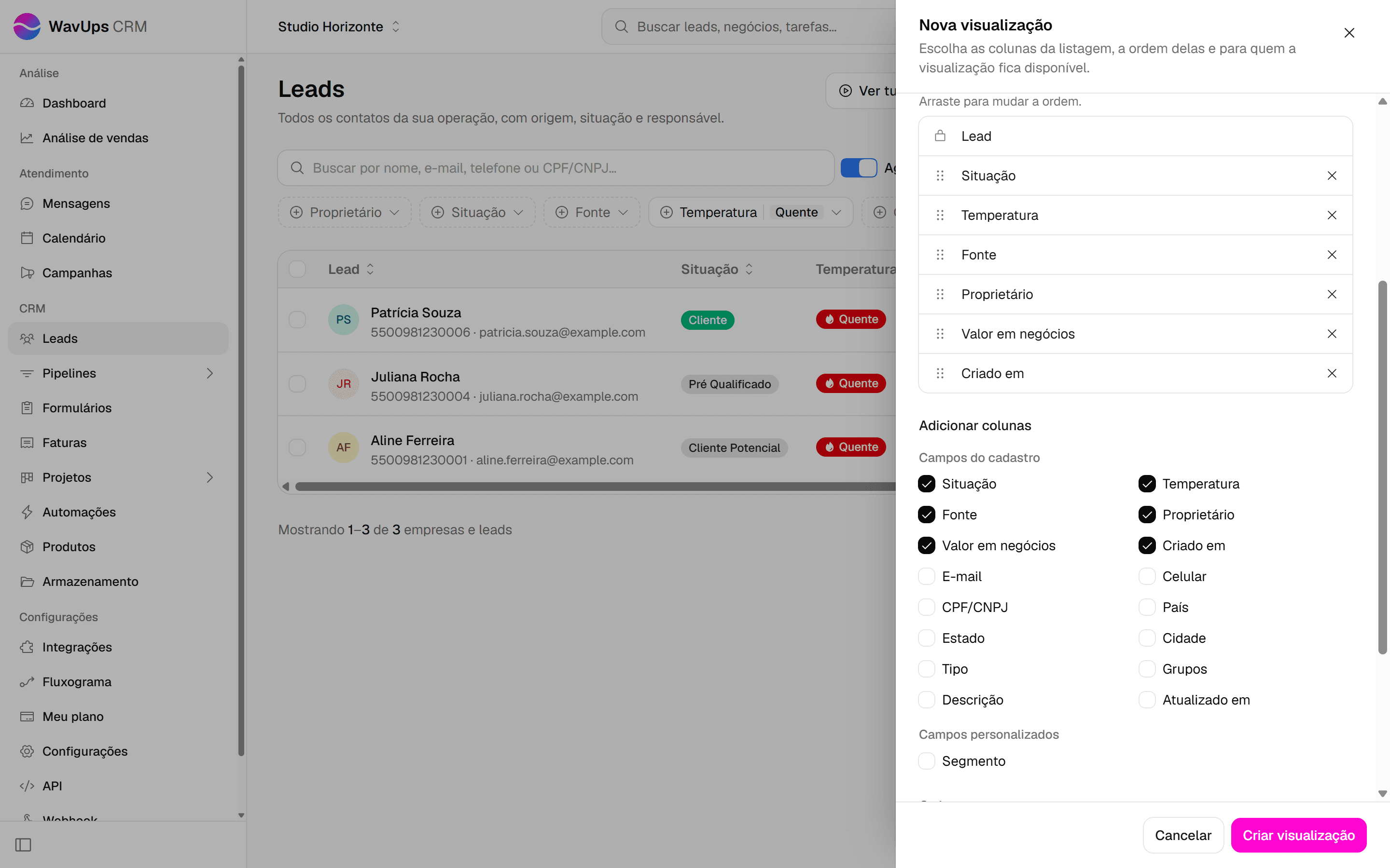 Painel Nova visualização com a lista de colunas visíveis e os campos Ordenar por e Direção.