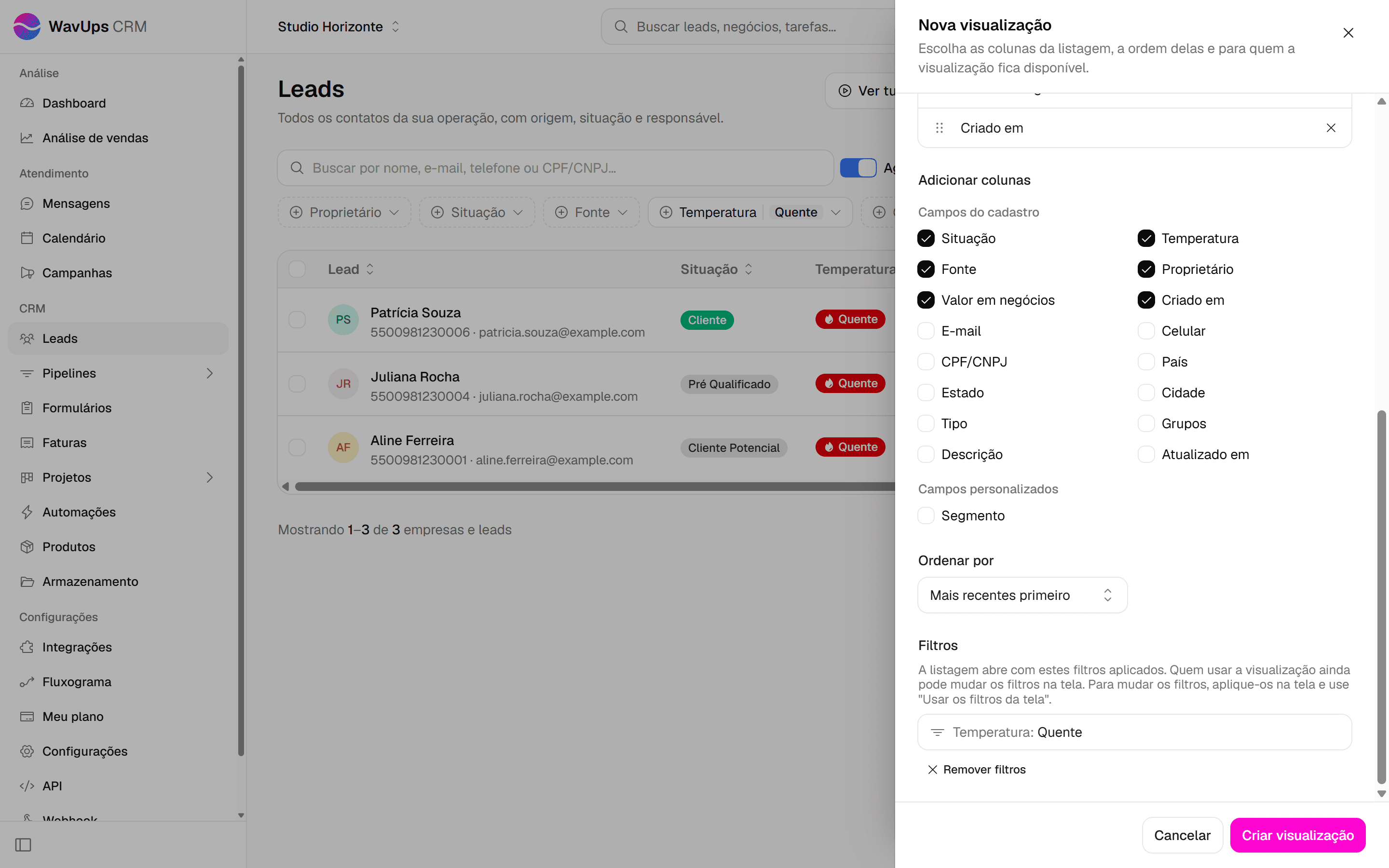 Seção Filtros do painel Nova visualização com o filtro de temperatura, o botão Usar os filtros da tela e o botão Criar visualização.