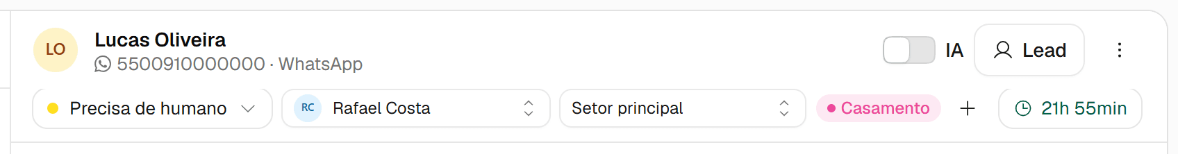 Cabeçalho da conversa com o botão IA, o botão Lead, o menu de ações, o estado, o responsável, o setor, as etiquetas e o tempo da janela de 24 horas.