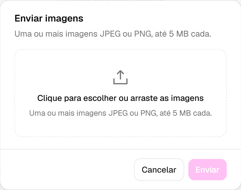 Janela Enviar imagens com a área para escolher ou arrastar os arquivos e o botão de enviar.