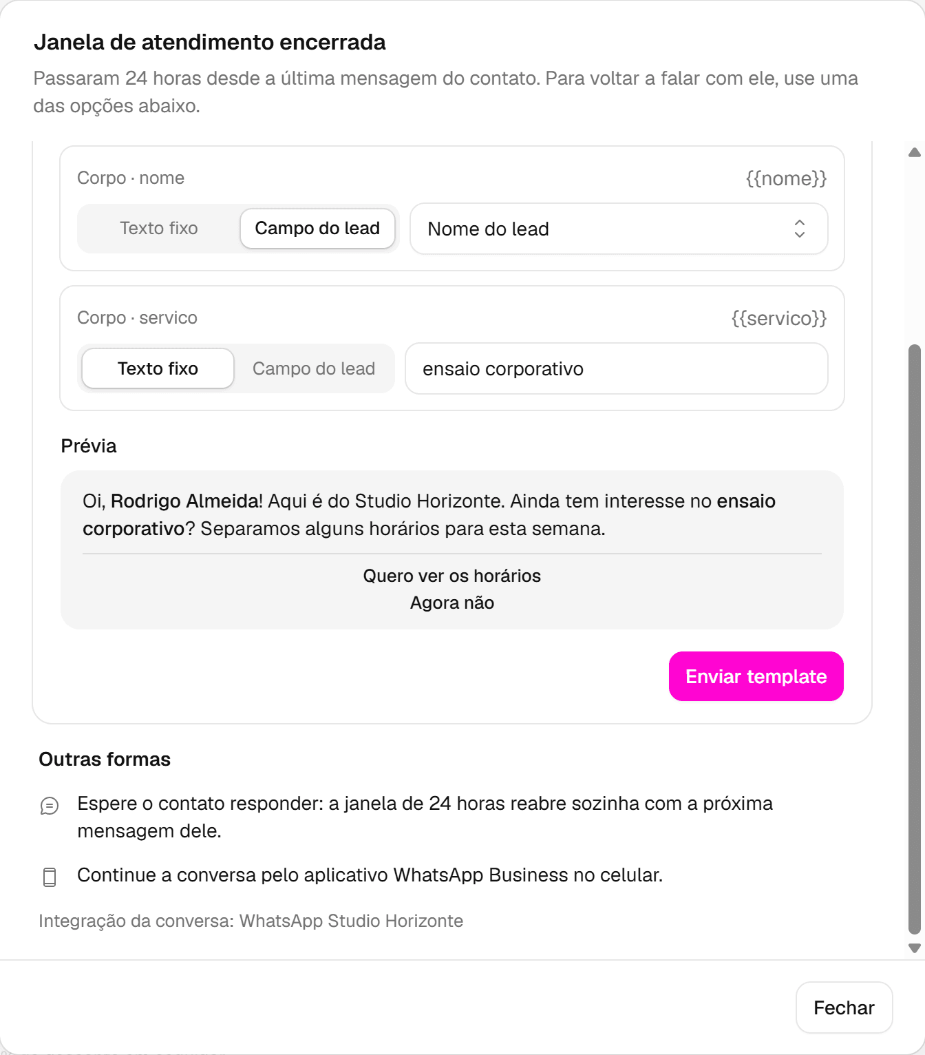 Prévia do modelo com o nome do lead e o serviço preenchidos e o botão Enviar template.