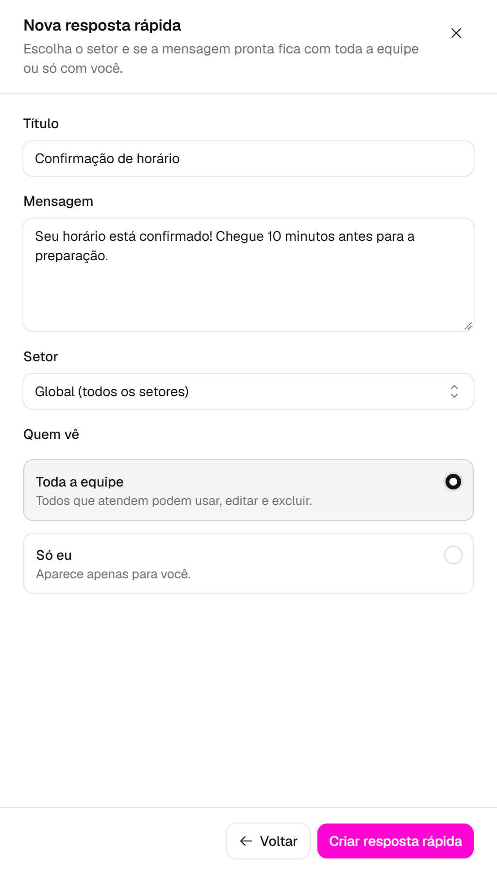 Formulário Nova resposta rápida com os campos Título, Mensagem, Setor e Quem vê, e o botão Criar resposta rápida.