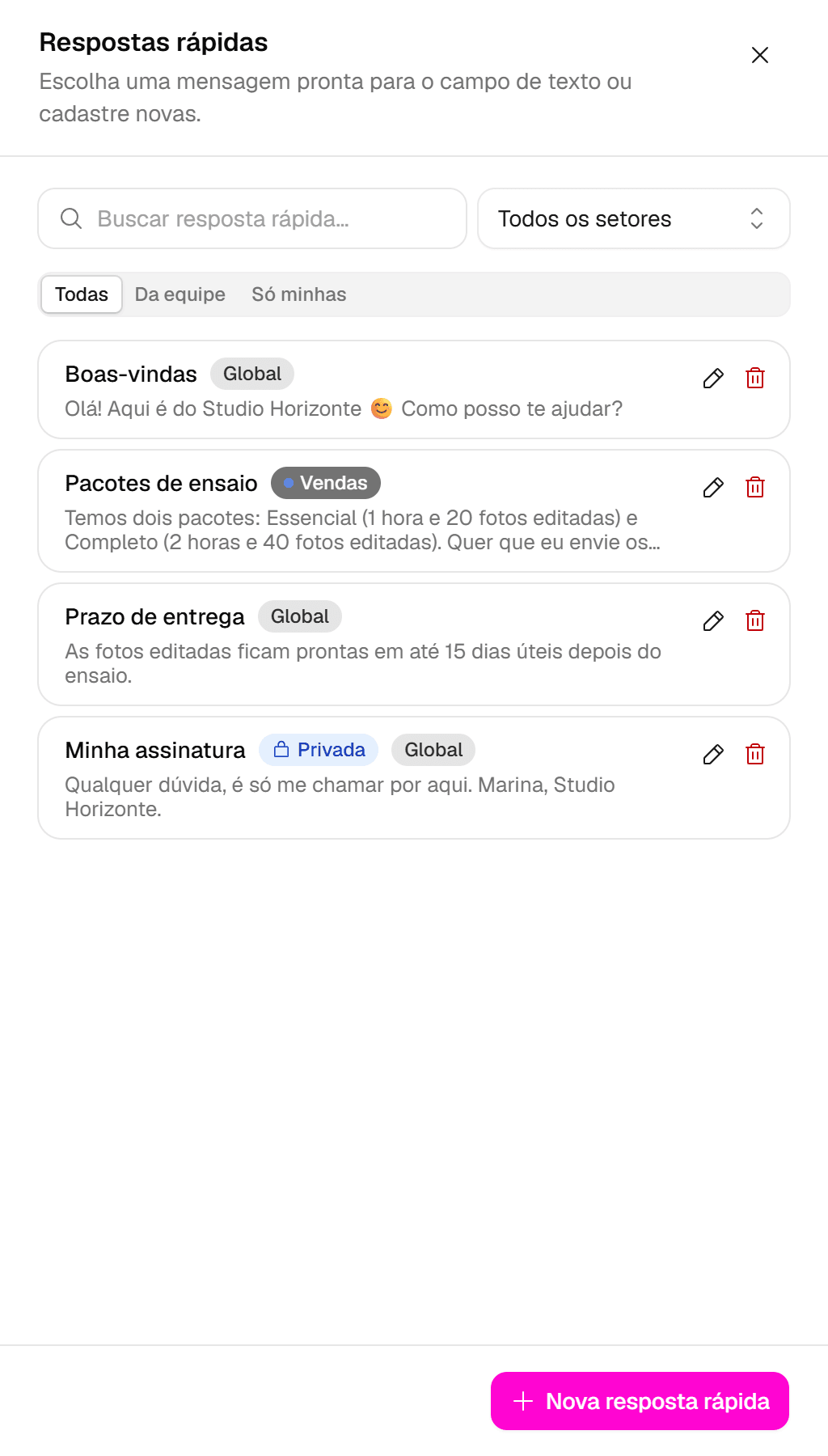 Painel Respostas rápidas com a busca, o filtro de setores, as abas Todas, Da equipe e Só minhas e a lista de respostas com os selos Global, Vendas e Privada.