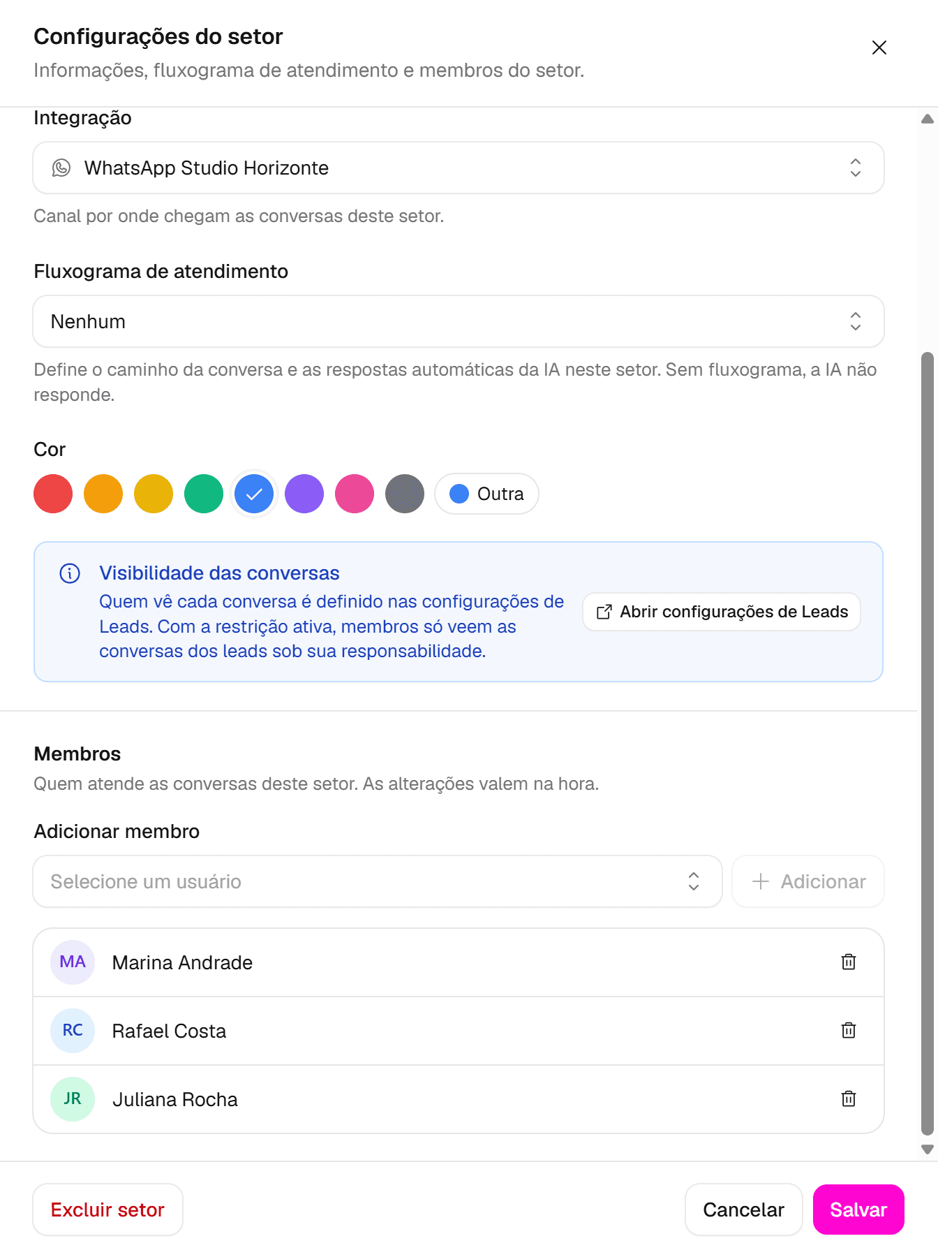 Seção Membros do setor com o campo Adicionar membro, o botão Adicionar e a lista de membros com a lixeira de cada um.