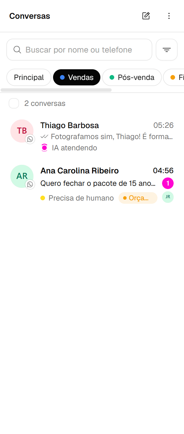Lista de conversas com as abas de setores Principal, Vendas, Pós-venda e Financeiro, e a aba Vendas selecionada.