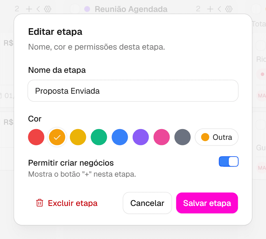 Diálogo Editar etapa da etapa Proposta Enviada com nome, cor, Permitir criar negócios, Salvar etapa e Excluir etapa.