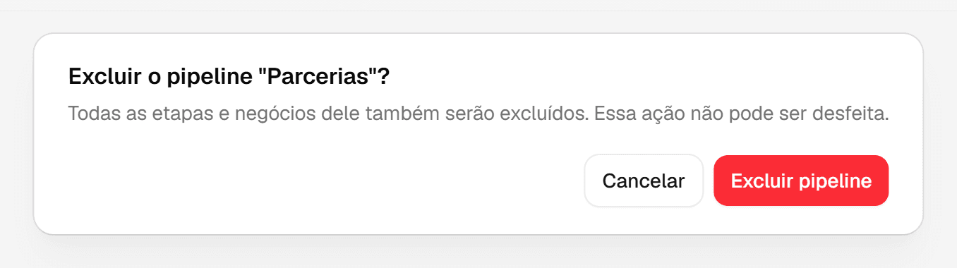 Confirmação Excluir o pipeline Parcerias, avisando que todas as etapas e negócios também serão excluídos.