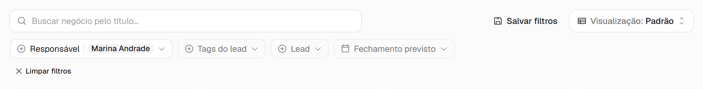 Barra de filtros com o filtro Responsável ativo e os botões Limpar filtros e Salvar filtros.