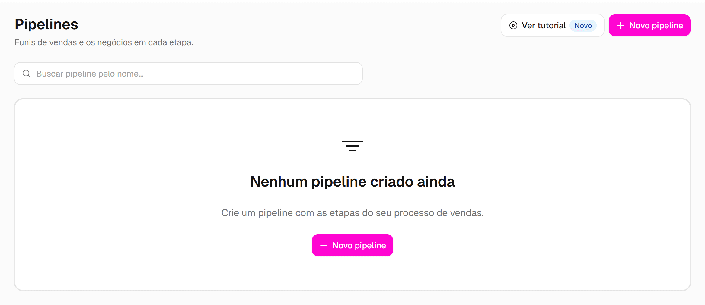 Tela Pipelines sem nenhum pipeline, com a mensagem Nenhum pipeline criado ainda e o botão Novo pipeline destacado.
