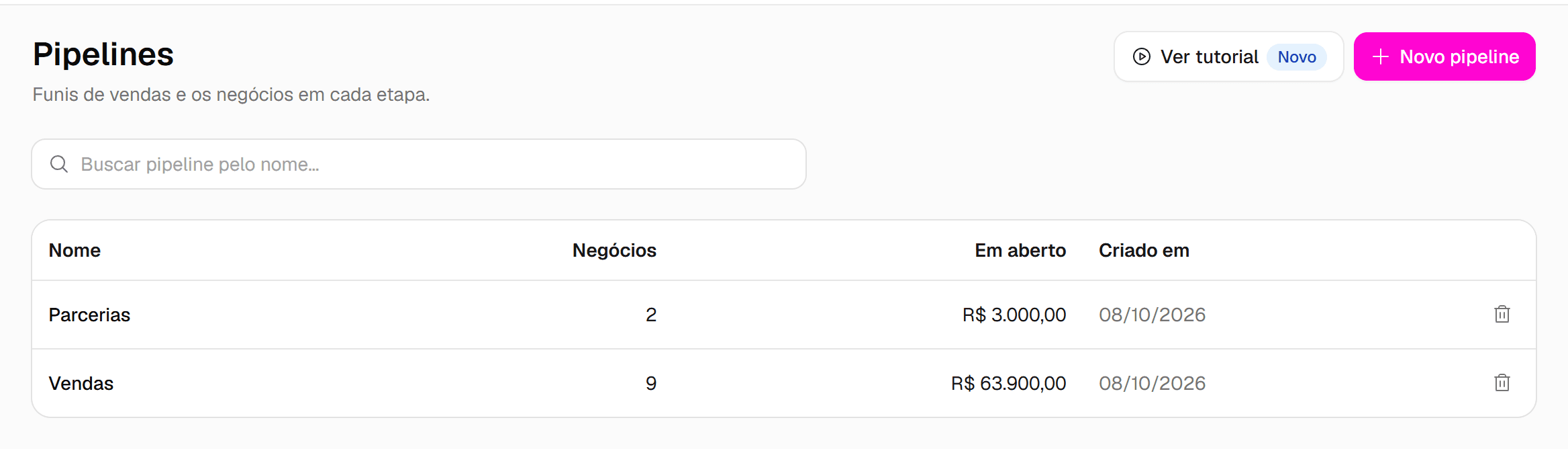 Tela Pipelines com a lista de pipelines, as colunas Nome, Negócios, Em aberto e Criado em, e o botão Novo pipeline.