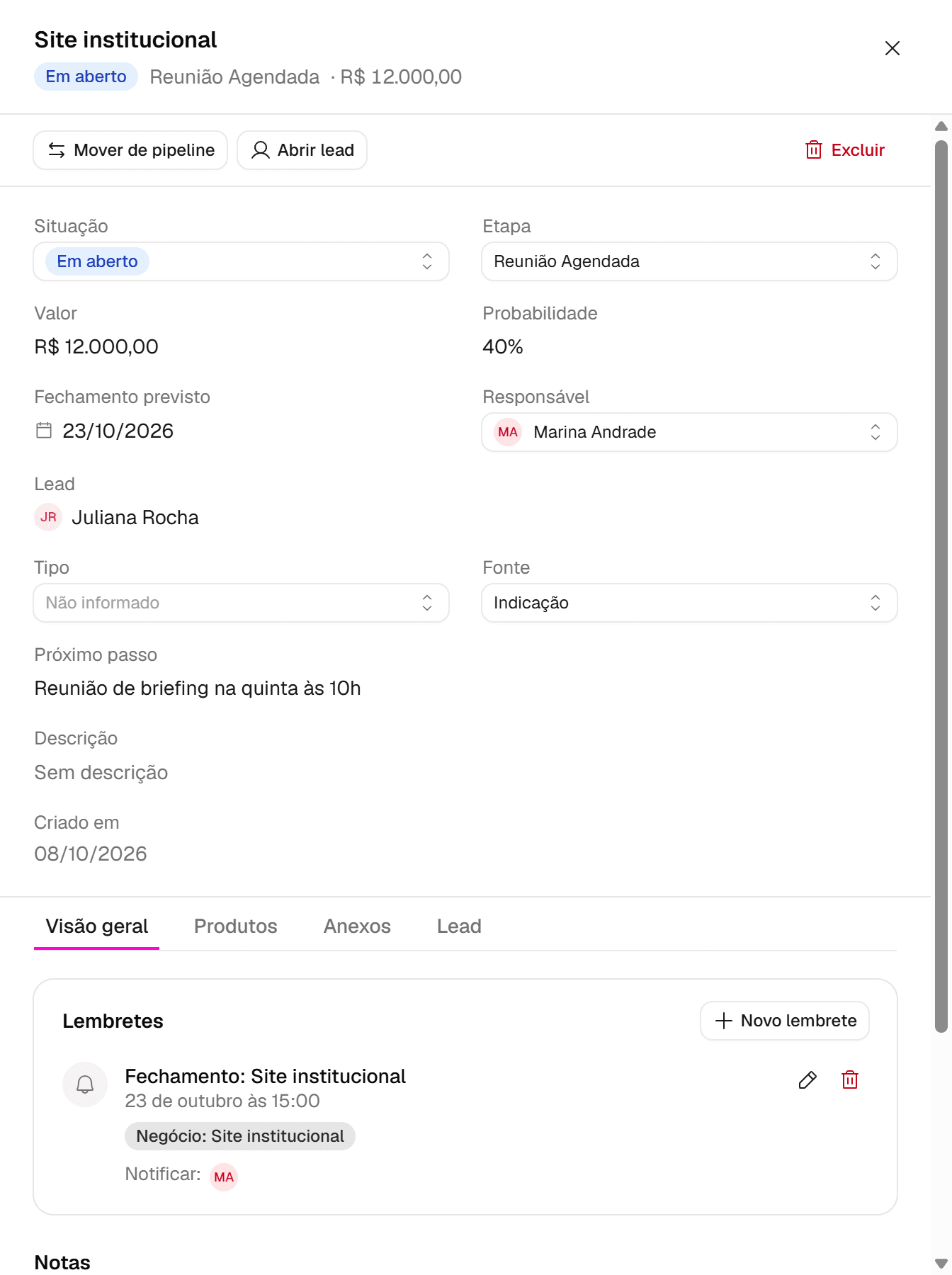 Painel de detalhes do negócio Site institucional com situação, etapa, valor, probabilidade, fechamento previsto, responsável, lead, tipo, fonte, próximo passo e descrição.
