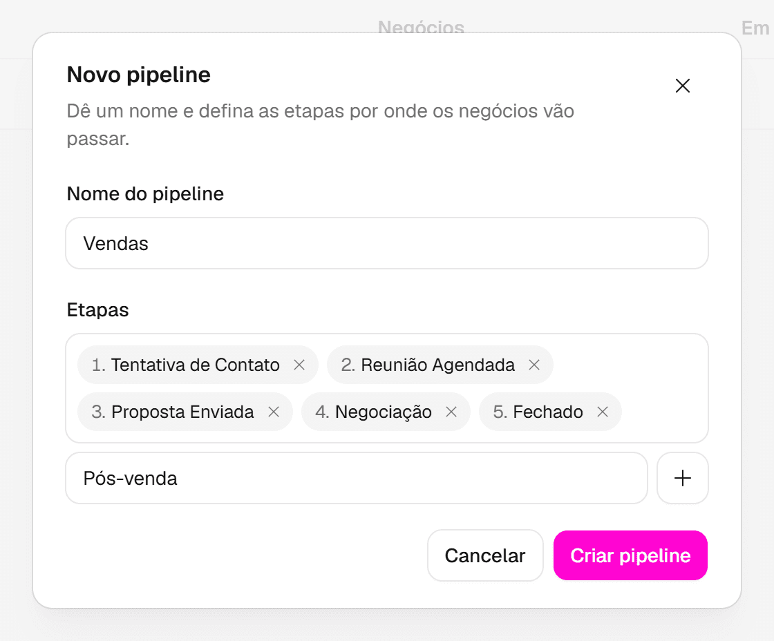 Diálogo Novo pipeline com o nome Vendas preenchido, as cinco etapas sugeridas e o campo Nova etapa.