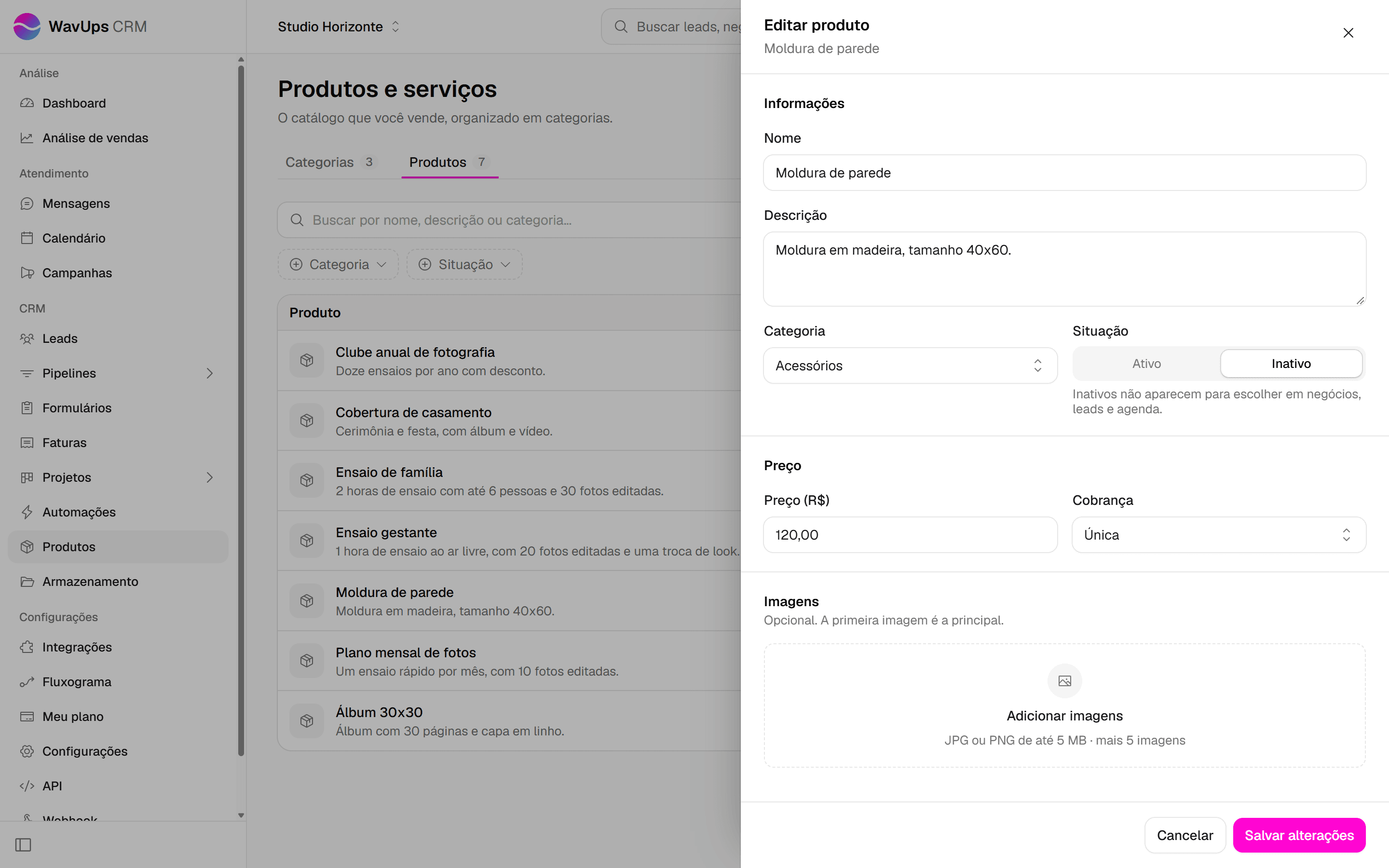 Painel Editar produto com a Situação alternada para Inativo e o botão Salvar alterações.