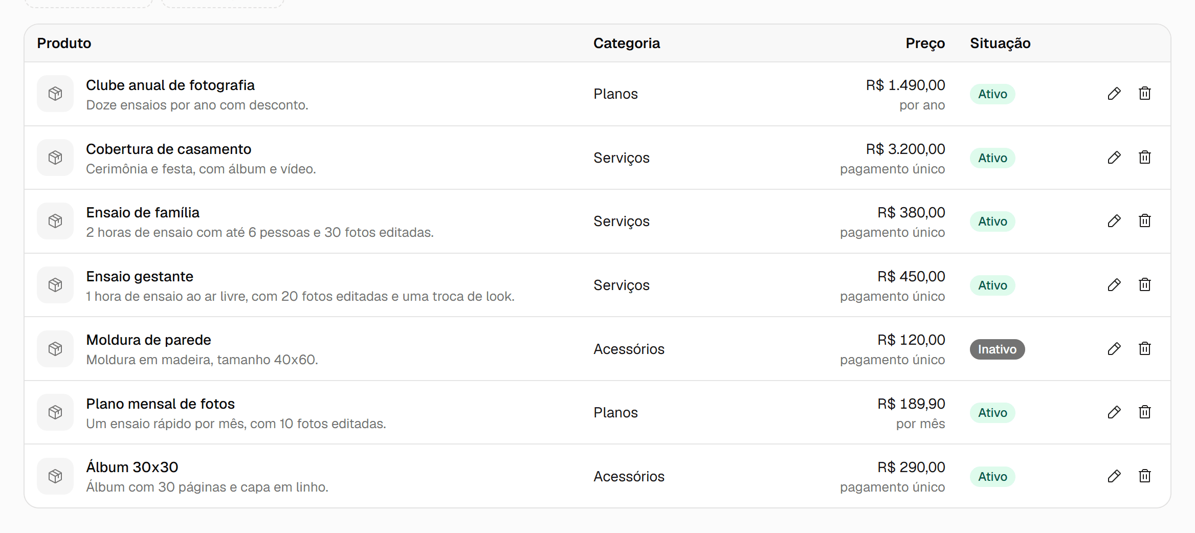 Lista de produtos com a situação de cada um e, no fim de cada linha, o lápis para editar e a lixeira para excluir.
