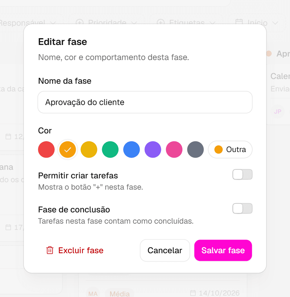Janela Editar fase com o nome, as cores, as opções Permitir criar tarefas e Fase de conclusão e os botões Excluir fase e Salvar fase.