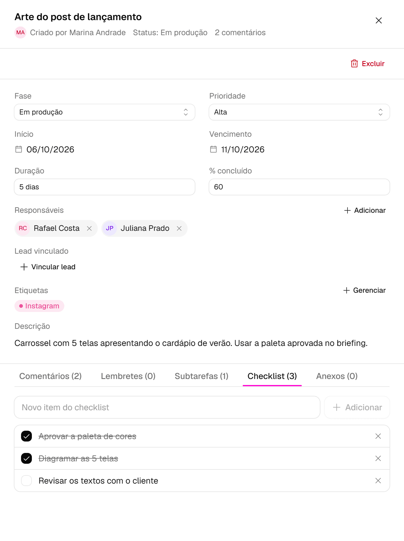 Aba Checklist com três itens, dois deles marcados como feitos e riscados.